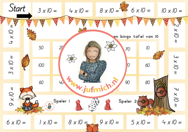 Bingo 2-tallen tafel van 10 herfst