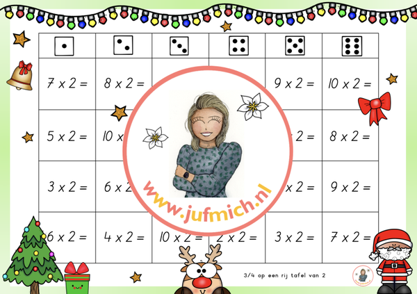 3/4 op een rij keersommen tafel van 2 kerst