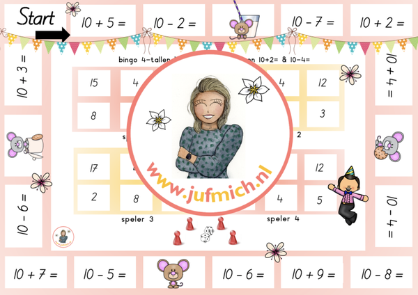rekenmuur laag 1 - Bingo 4-tallen 10+2 & 10-4