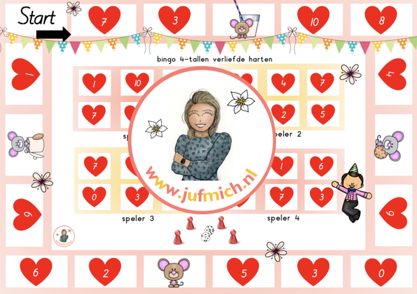 rekenmuur laag 1 - Bingo 4-tallen verliefde harten