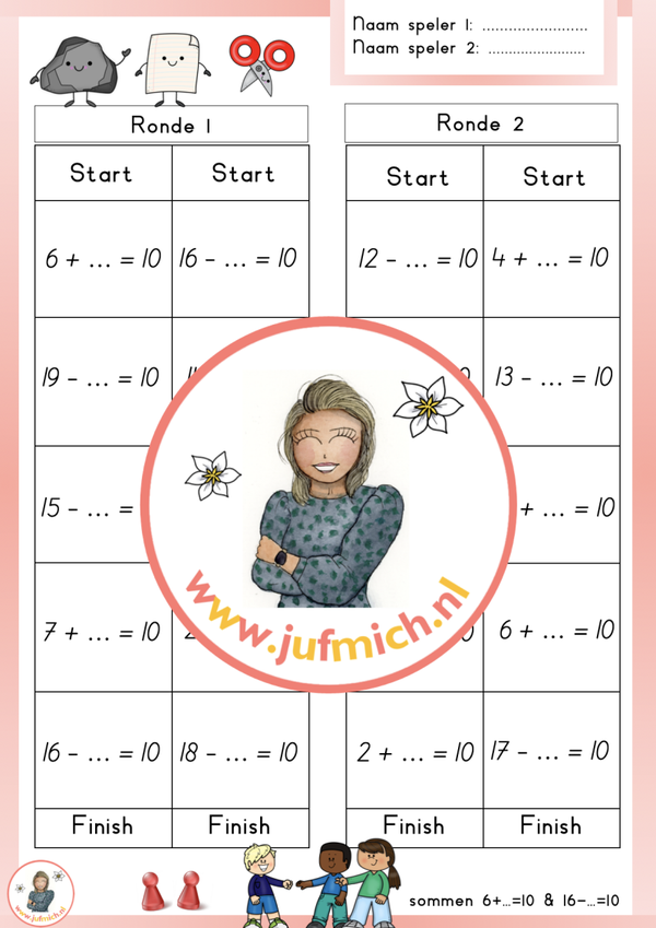 rekenmuur laag 1 - Steen papier schaar 6+...=10 & 16-...=10