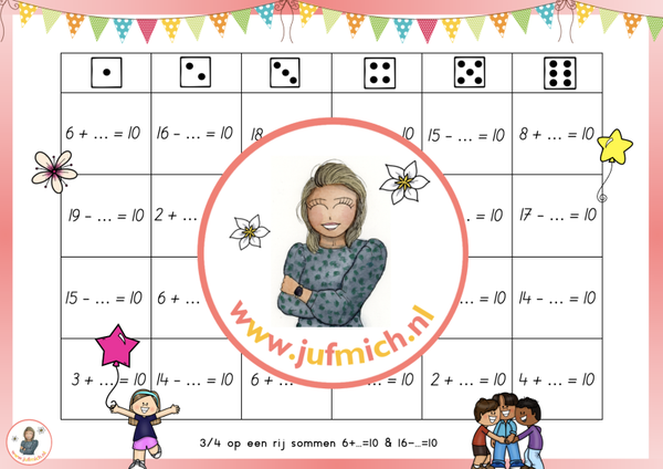 rekenmuur laag 1 - 3/4 op een rij 6+...=10 & 16-...=10