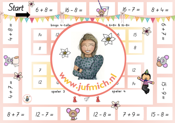 rekenmuur laag 1 - Bingo 4-tallen 6+8 & 16-8