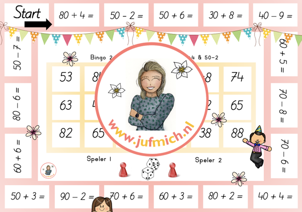 rekenmuur laag 2 - Bingo 2-tallen 80+4 & 50-2