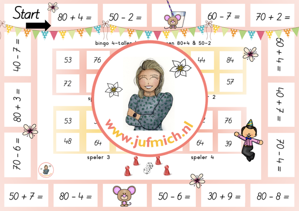 rekenmuur laag 2 - Bingo 4-tallen 80+4 & 50-2
