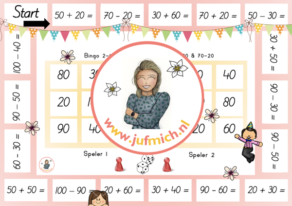 rekenmuur laag 2 - Bingo 2-tallen 50+20 & 70-20