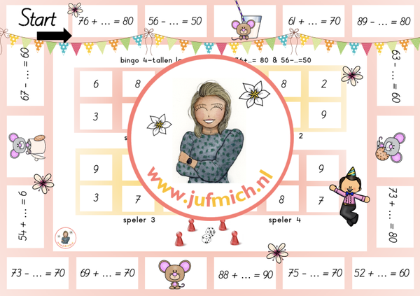 rekenmuur laag 2 - Bingo 4-tallen 76+…=80 & 56-…=50