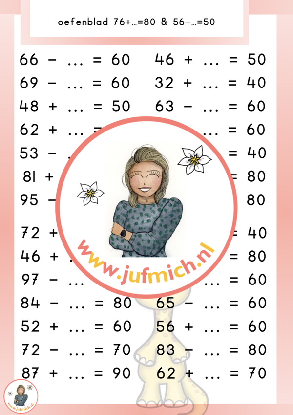 rekenmuur laag 2 - Oefenbladen 76+…=80 & 56-…=50
