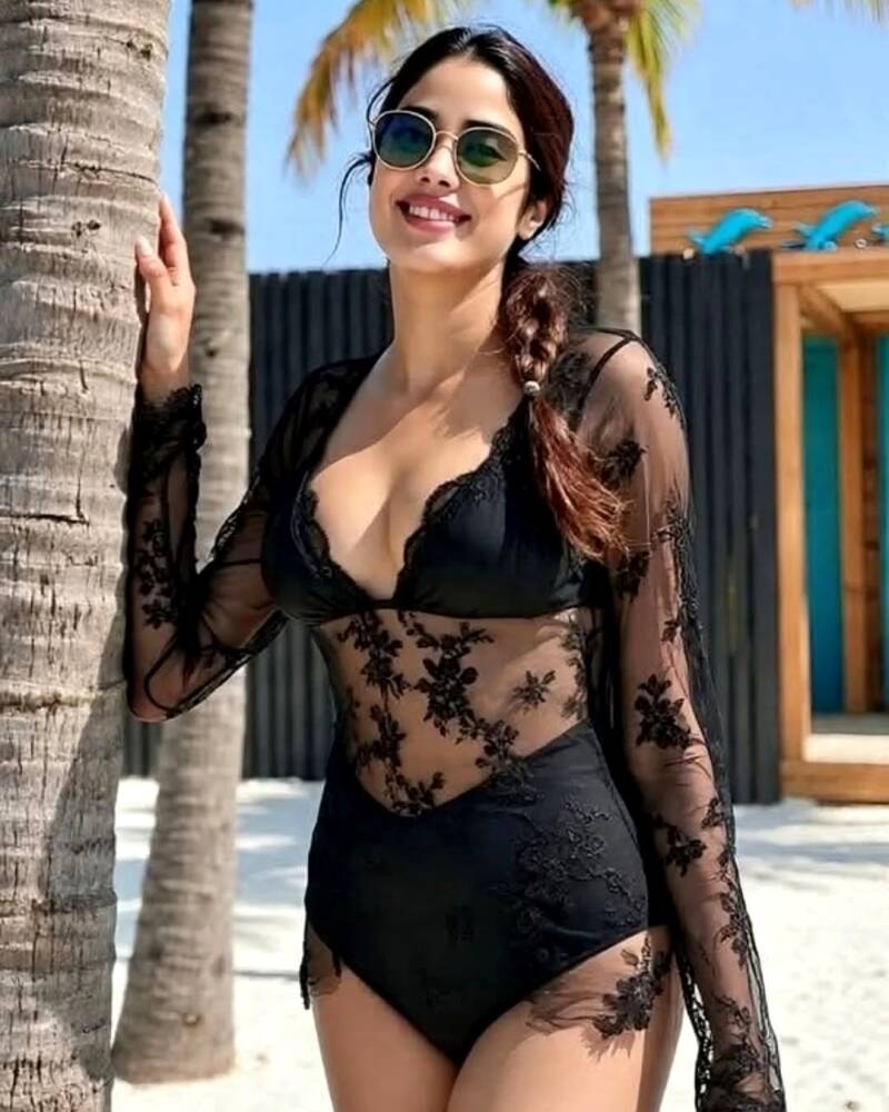 Jahnvi Kapoor in black lingerie bra and panty outdoor photoshoot 2