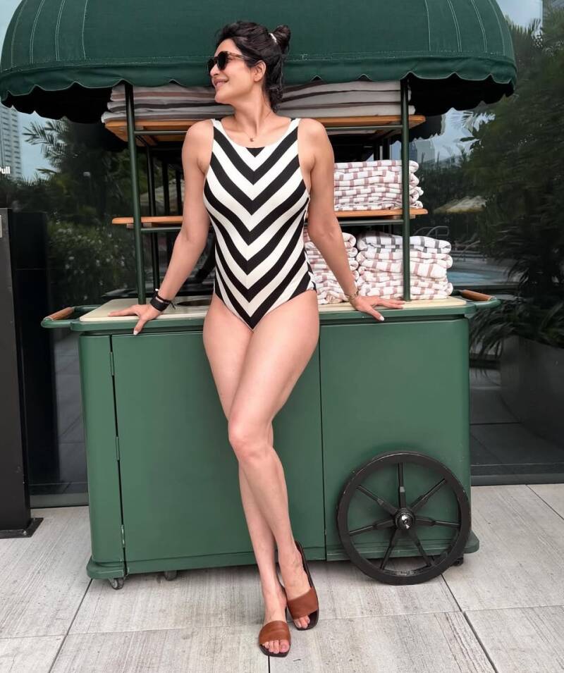 Karishma Tanna in black and white hot swimsuit