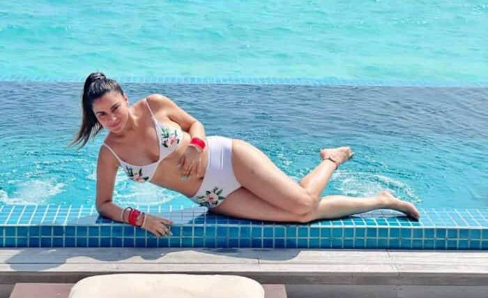 Shraddha Arya in white bikini in hotel swimming pool 6