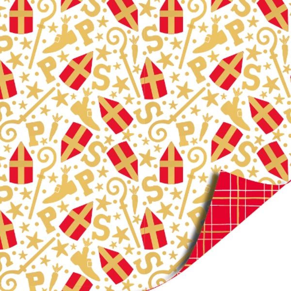 Sint Mijter Feest Wit - Ruit Rood KP 70cm x 2mtr