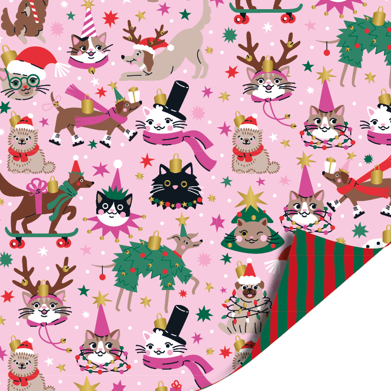 Christmas Pets Pink - Stripes Red Green 50cm x 3mtr