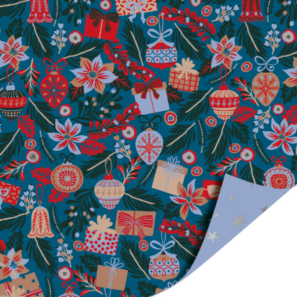Christmas Flowers Blue - Stars Light Blue Silver 50cm x 3mtr