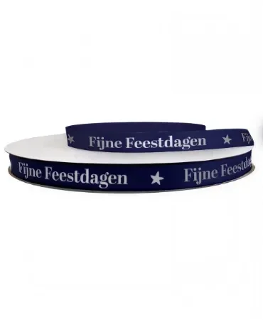 Satijnlint Fijne Feestdagen Blauw Zilver 12mm x 3mtr