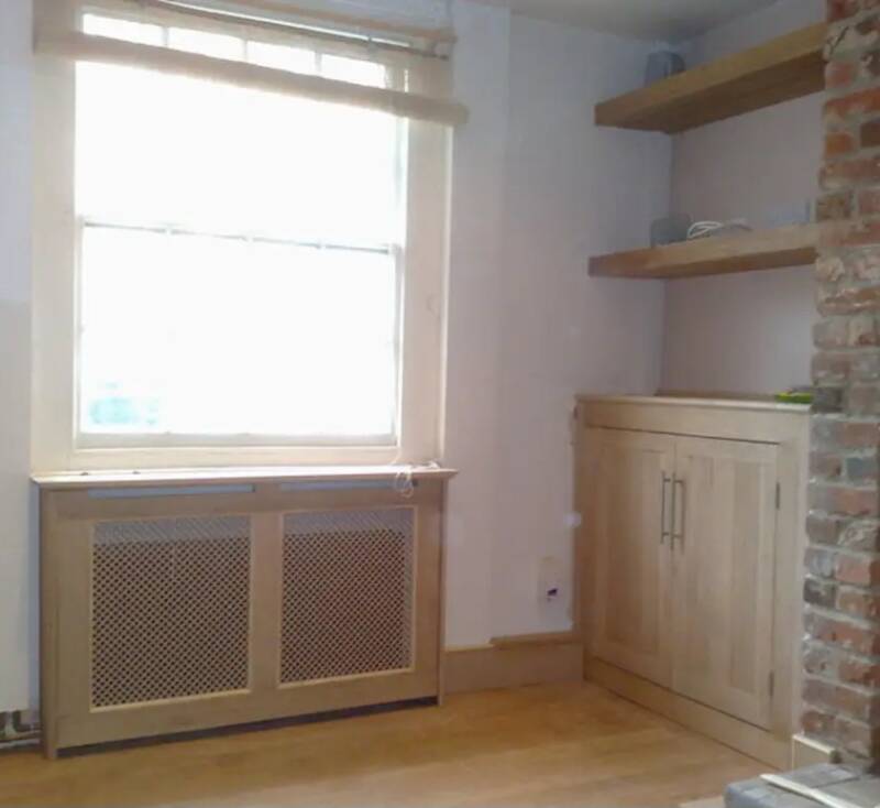 Oak radiator cover, alcove unit and box shelving