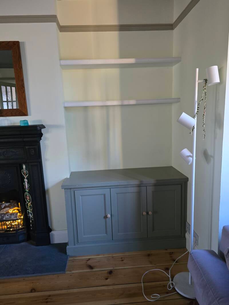 Bespoke painted alcove unit with primed box shelving 