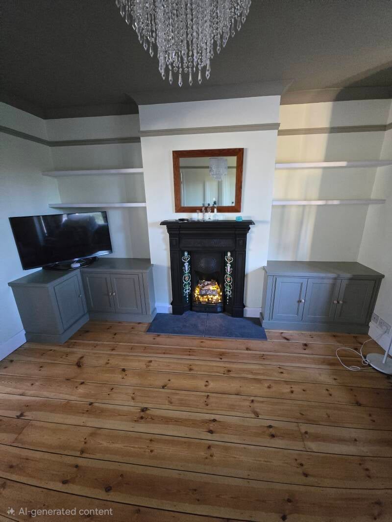 Bespoke  painted alcove corner and standard units with primed box shelving