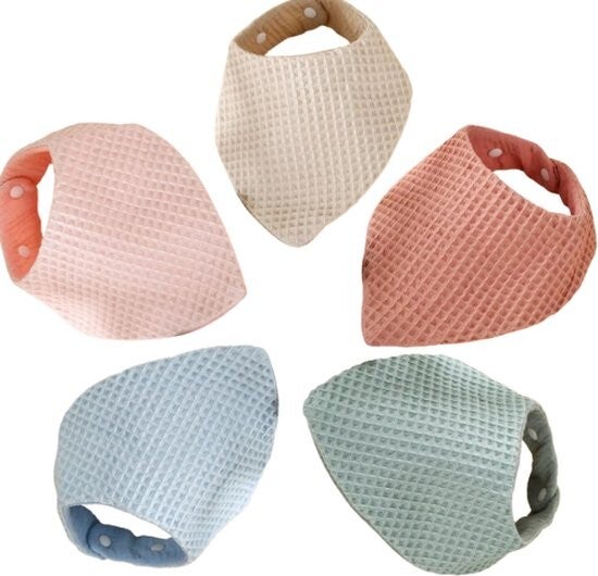Baby Drool Bib Set of 5 – Multi-Color Bandana Bibs – 100% Cotton – Adjustable Snap Closure