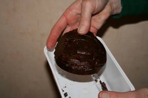 een blok pure propolis na het afscheiden van de bijenwas