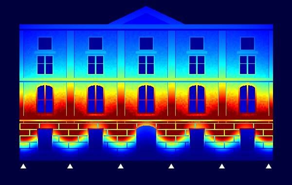 Historische Fassade, Position B – Leuchtdichte in cd/m², Falschfarben