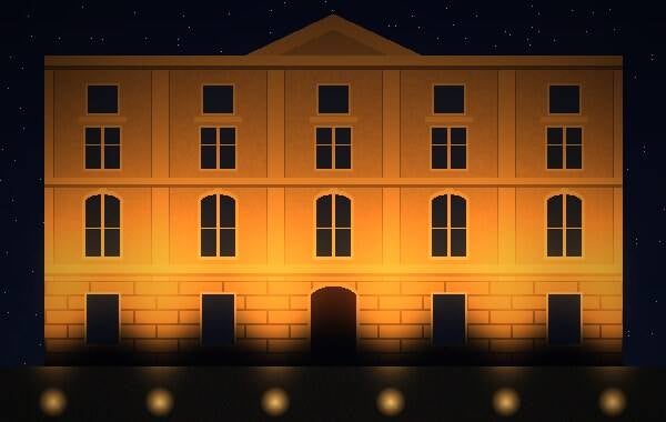 Historische Fassade mit Amber-Licht, Leuchtenposition B – Visualisierung bei Nacht