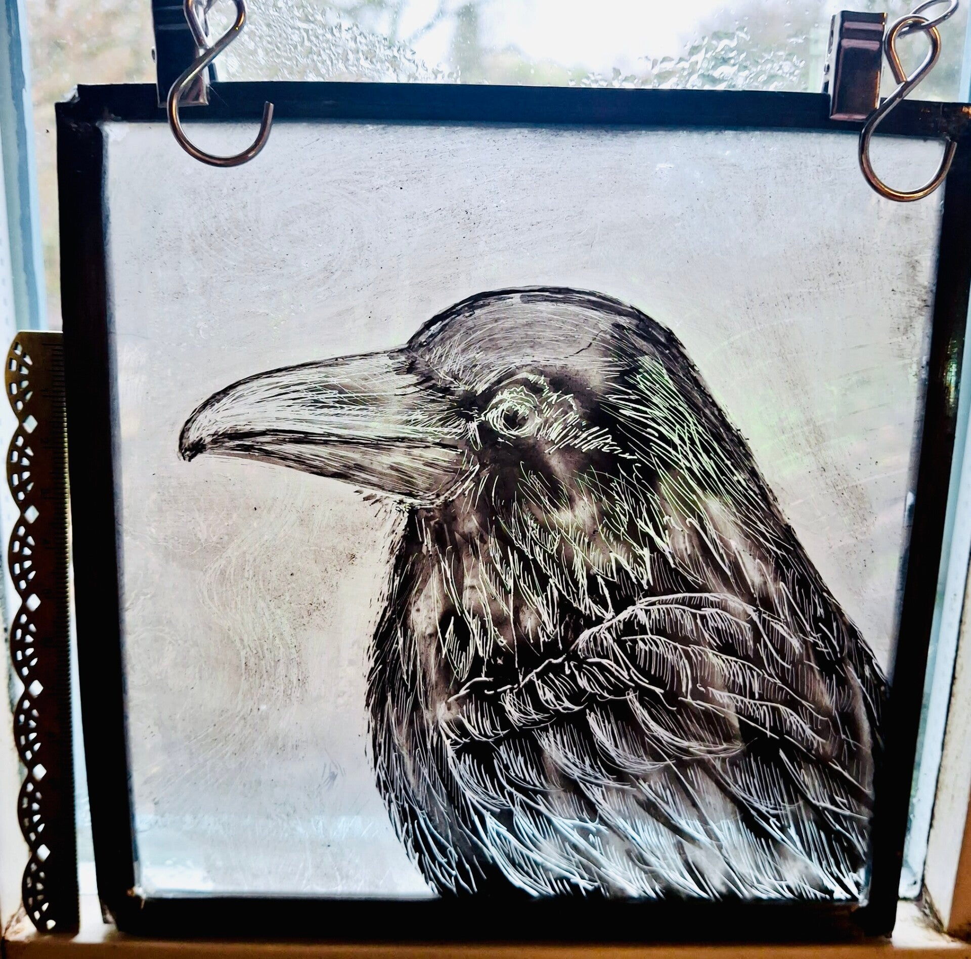 Suncatcher B&W Crow Painting in Lead Frame Square