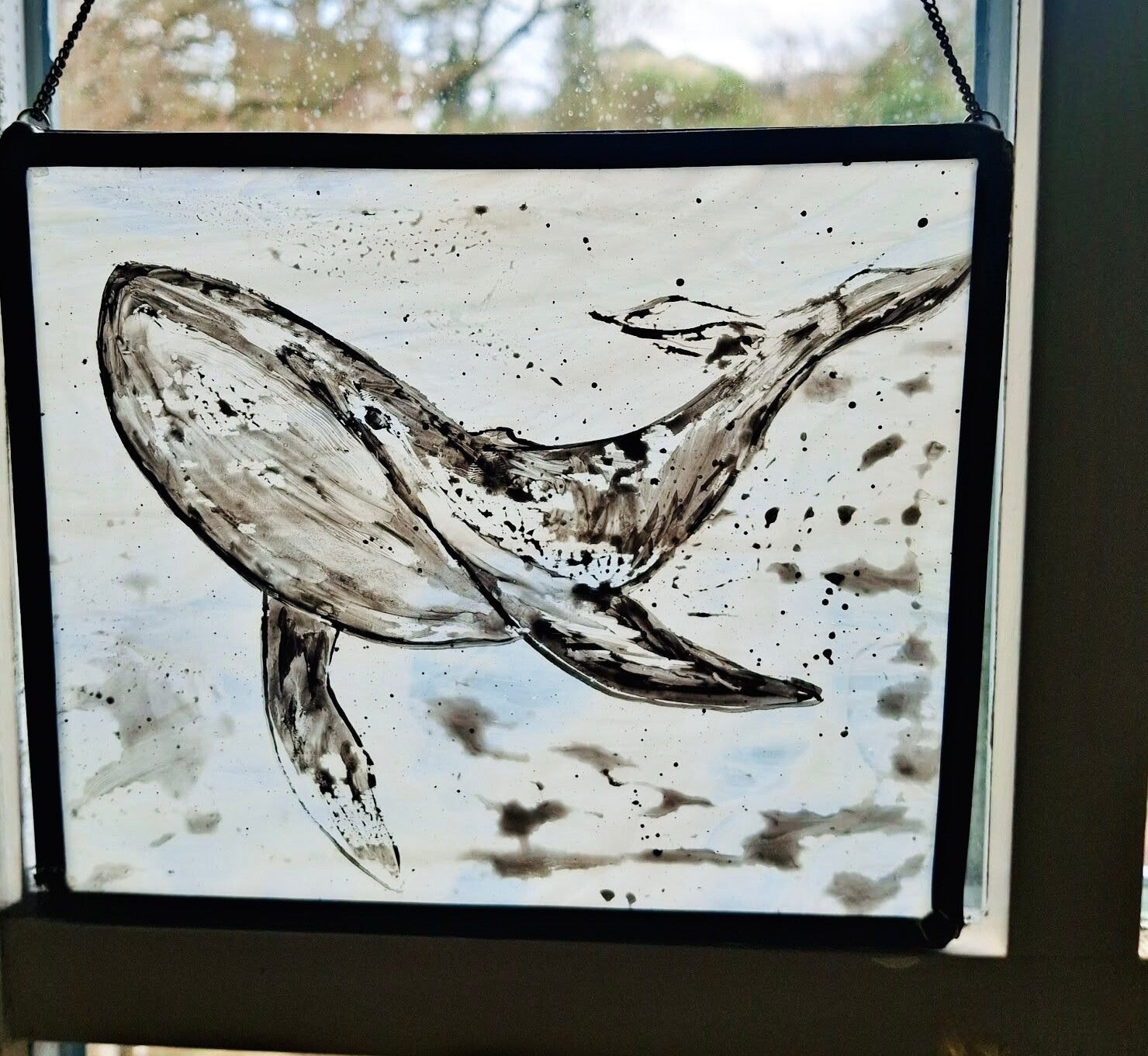 Suncatcher B&W Whale Painting In Lead Frame