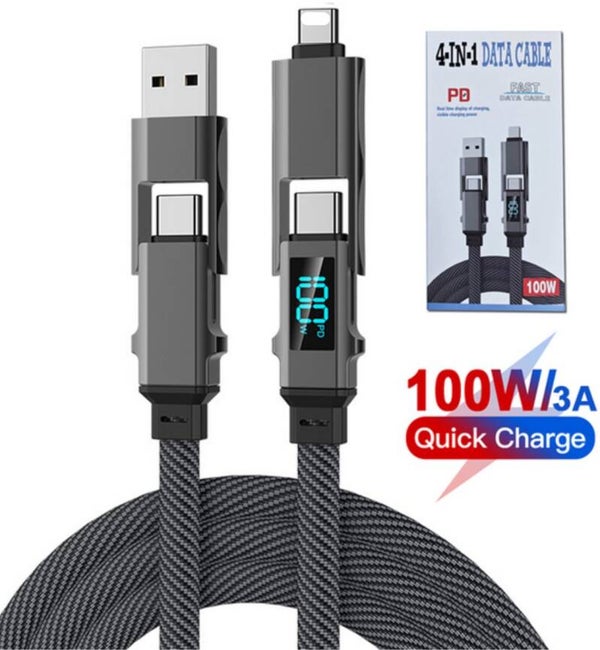 4-in-1 USB-C Fast Charging Cable 100W | USB-A to USB-C & Lightning | PD Quick Charge 3A | Nylon Braided Data Cable with LED Display suitable for iPhone, Samsung, MacBook, iPad,