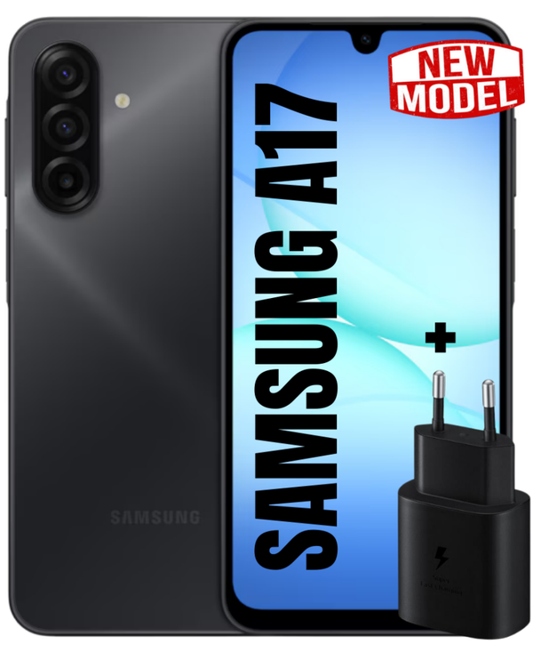 NIEUWSTE MODEL! Samsung Galaxy A17– 128GB + 4GB RAM – 6.7” FHD+ Super  AMOLED 90Hz – Android 15 – 50MP AI Triple Camera & 13MP Selfie – 5000mAh Batterij met Snelladen – Dual SIM – GRATIS 20W Snellader – Zwart
