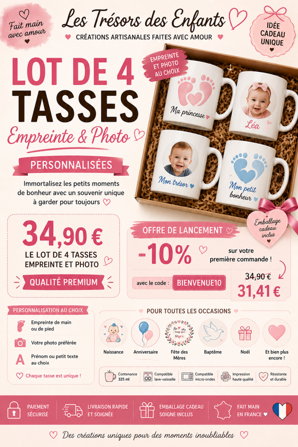 Lot de 4 tasse photos ou photo et empreinte de bébé