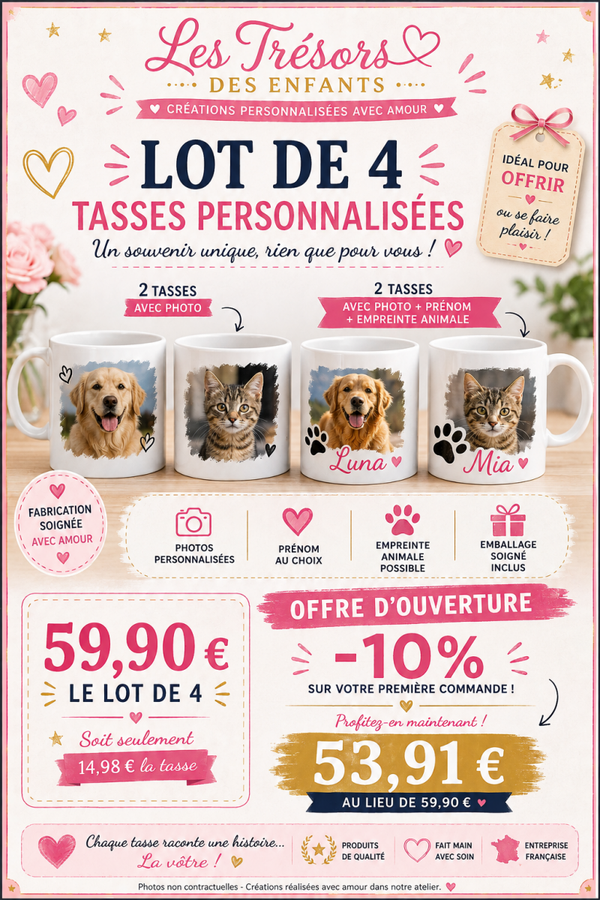 Lot de 4  tasse photos motif ou empreinte d'animaux et prénom