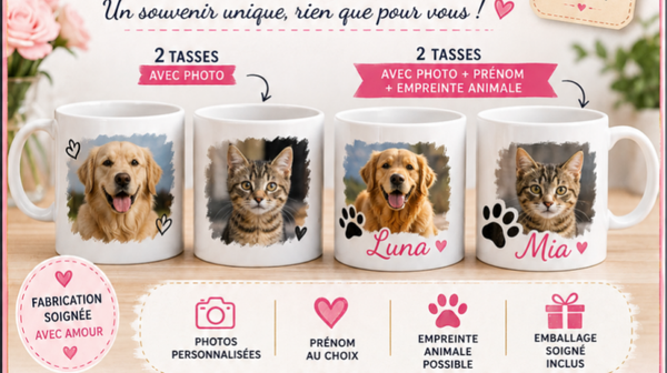 Lot de 4  tasse photos motif ou empreinte d'animaux et prénom