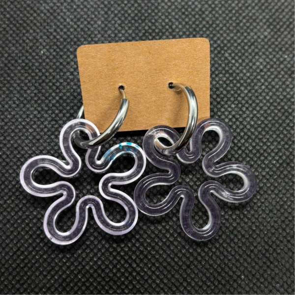 Boucles d'oreilles, pampilles fleur mauve + créoles