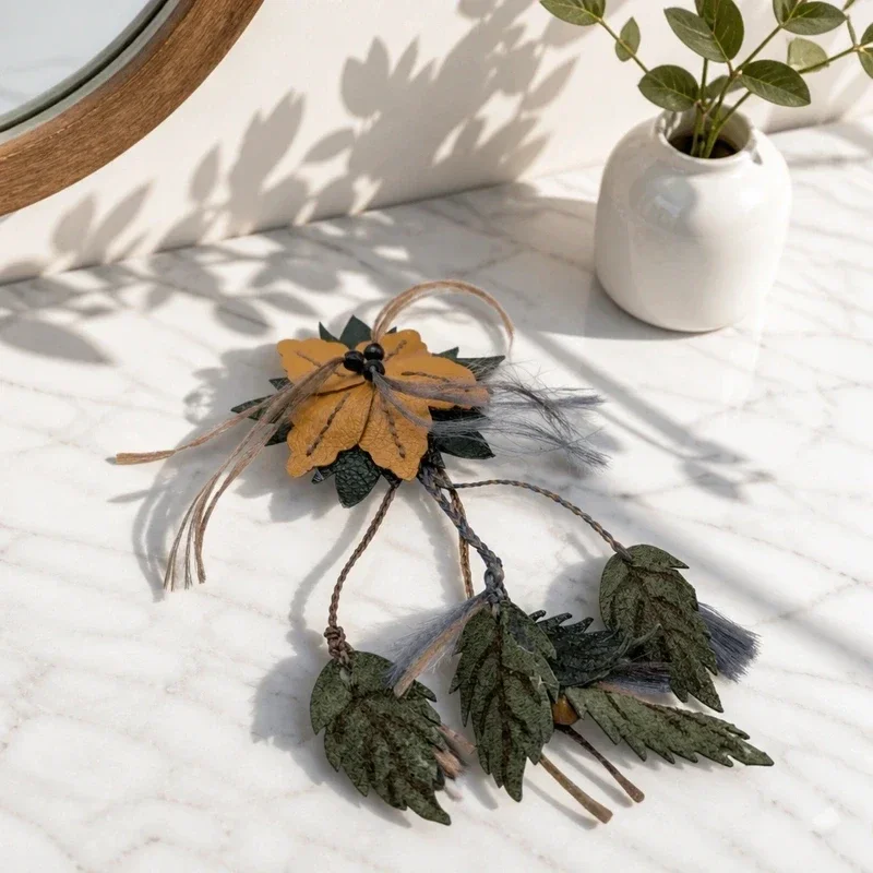 Unieke Handgemaakte Leren Haarspeld – Boho Bloem & Bladeren