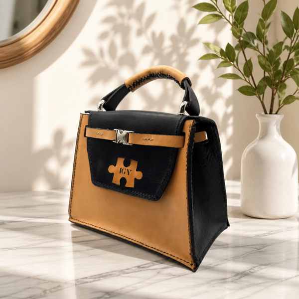 Unieke Leren Handtas met Puzzelstuk Detail