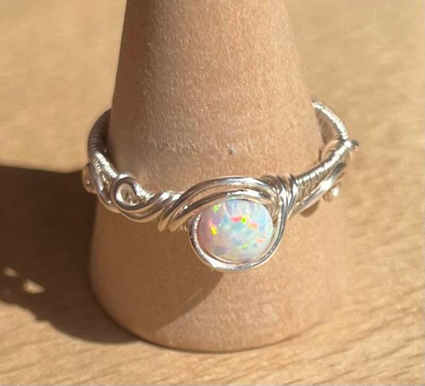 White Opal Silver Woven Ring
