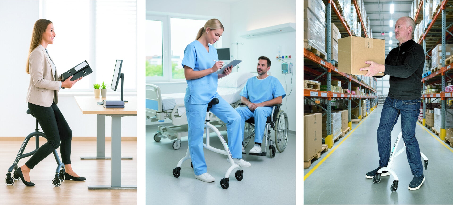 ErgoWalker Gelsattel für komfortables aktives Sitzen  ErgoWalker Aluminiumrahmen mit wendigen Rollen ErgoWalker ergonomischer Rollhocker für schmerzfreies Bewegen ErgoWalker - innovative Gehhilfe mit 360° Beweglichkeit 