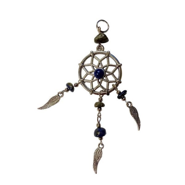 Lapis Crystal dreamcatcher pendant with chain.