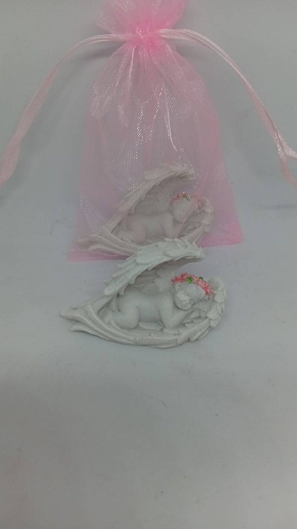 Small baby girl angel with rose garland and pink organza bag.