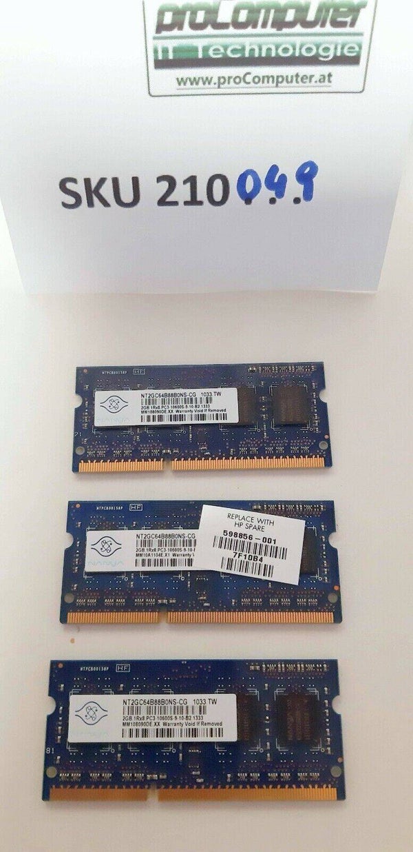 RAM / Arbeitsspecher für Laptop / Nanya / 3x2GB / PC3 10600S