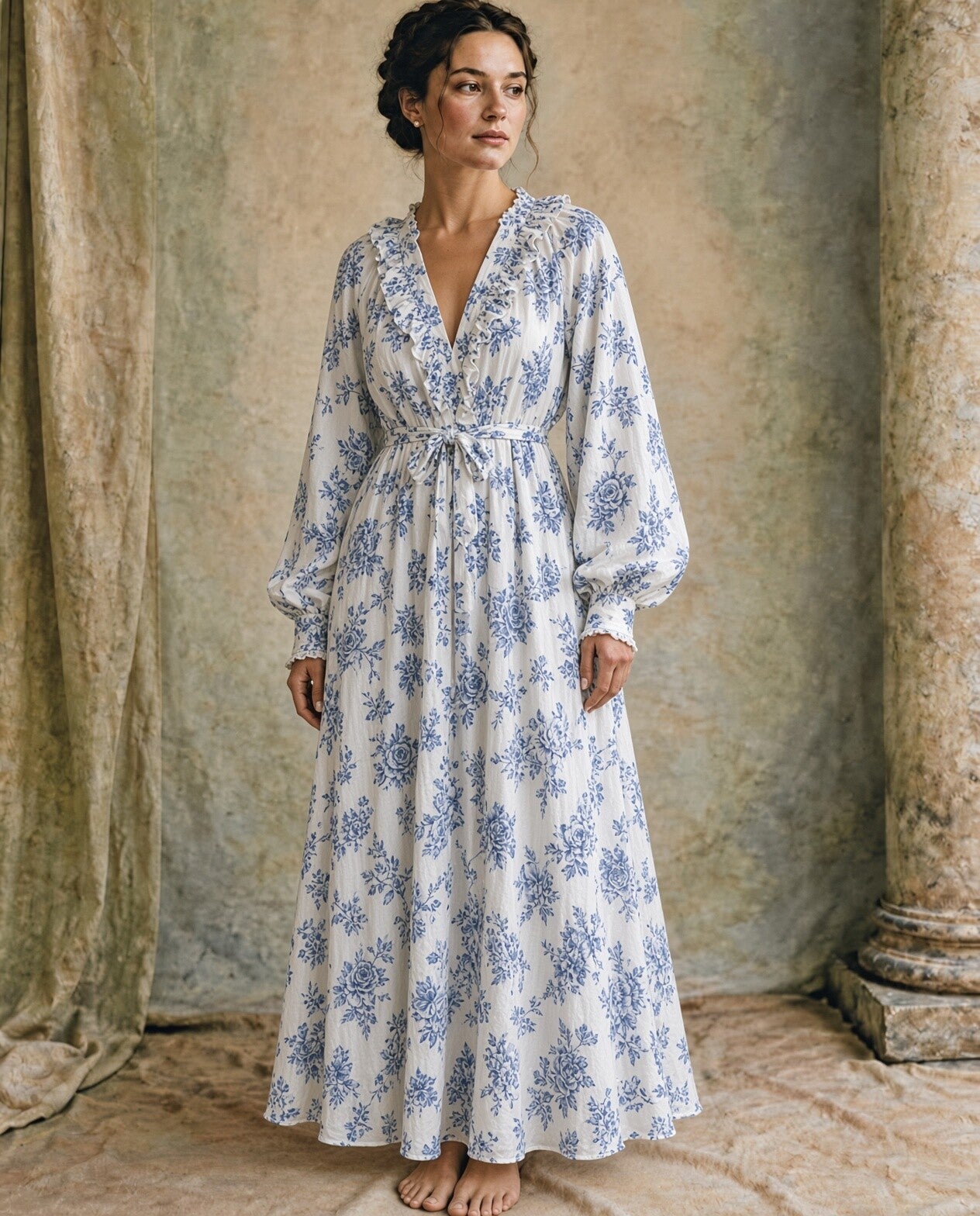 "Made my Day" - Langes Leinenkleid mit Rüschenausschnitt