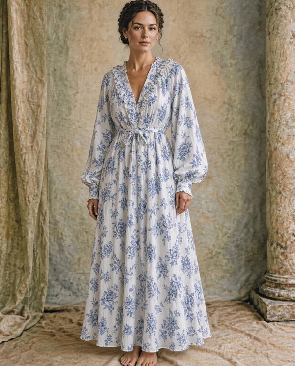 "Made my Day" - Langes Leinenkleid mit Rüschenausschnitt