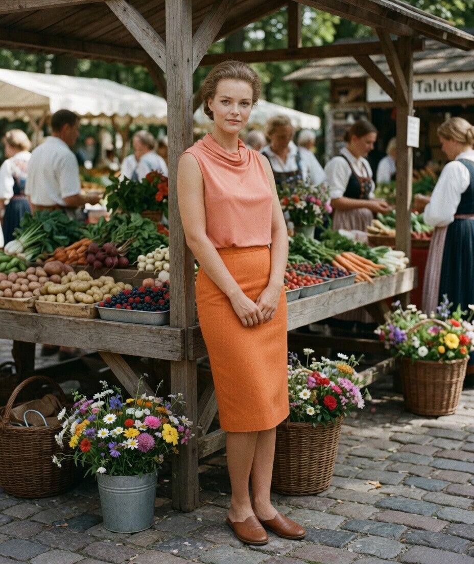 Majsa auf dem Wochenmarkt - Oberteil und Rock aus Seide und Leinen