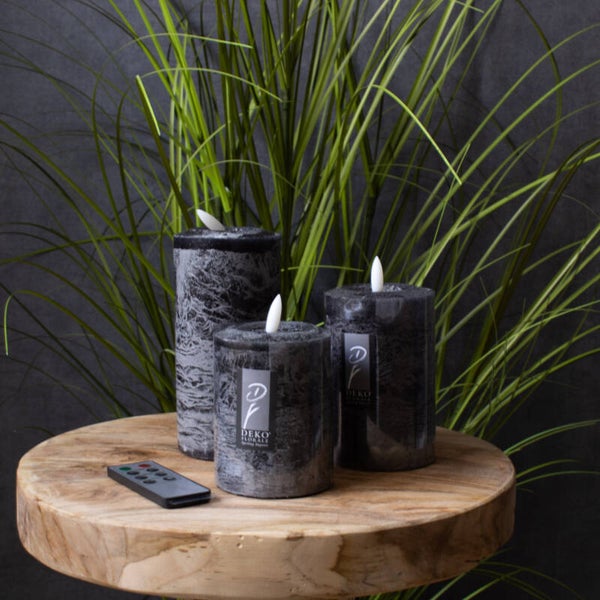 Set van 3 LED Stompkaarsen Zwart/Antraciet - Realistische Vlam - Incl. Afstandsbediening
