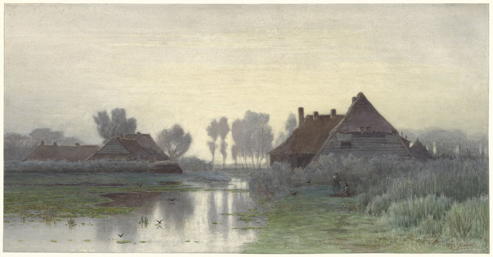 REL-0024-Boerenwoningen aan het water bij ochtendnevel, Paul Joseph Constantin Gabriël, 1838 - 1892