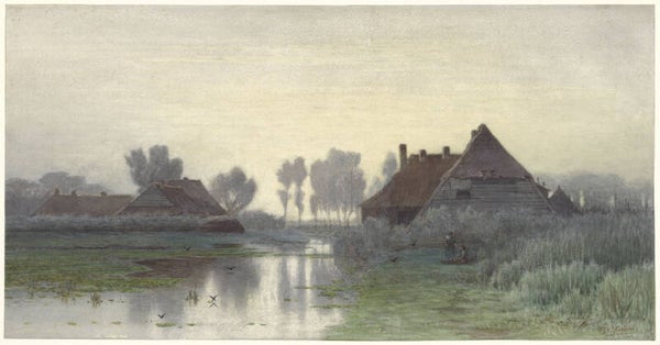 REL-0024-Boerenwoningen aan het water bij ochtendnevel, Paul Joseph Constantin Gabriël, 1838 - 1892