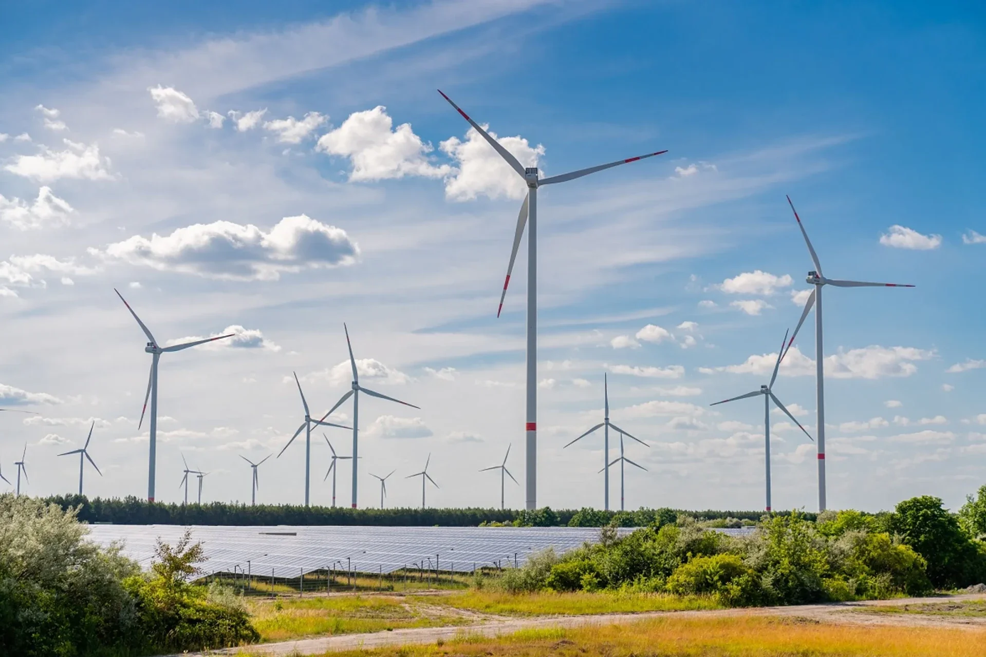 Zu sehen ist ein Hybridpark (Windenergie und Solar).