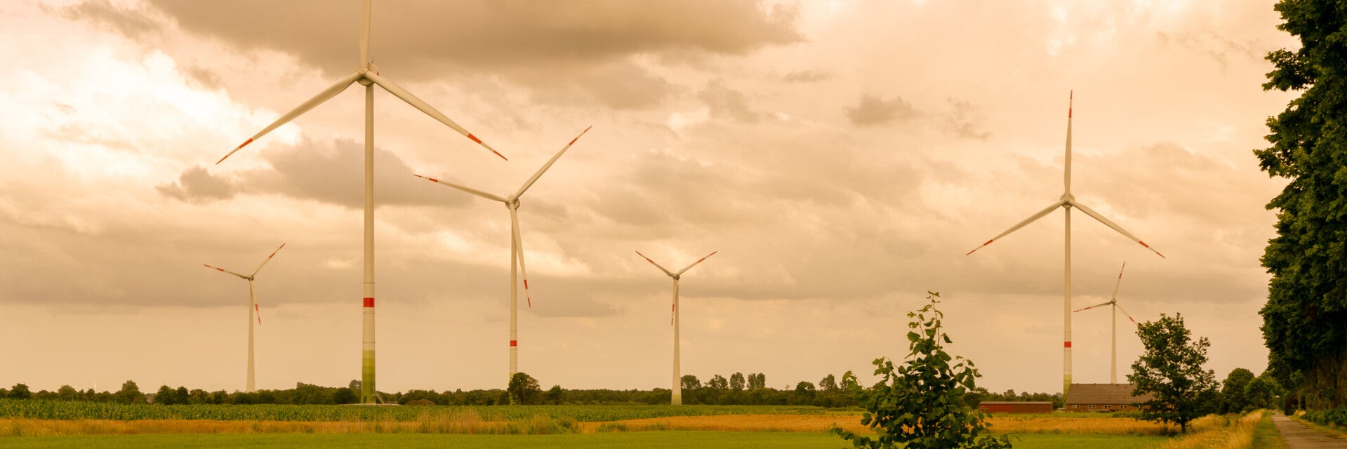 Zu sehen ist ein Windpark in Norddeutschland in der Nähe von Aurich.