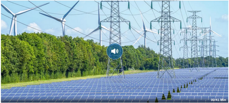 Zu sehen ist ein Bild mit Windrädern, einer grossen Solaranlage und Hochspannungsleitungen.